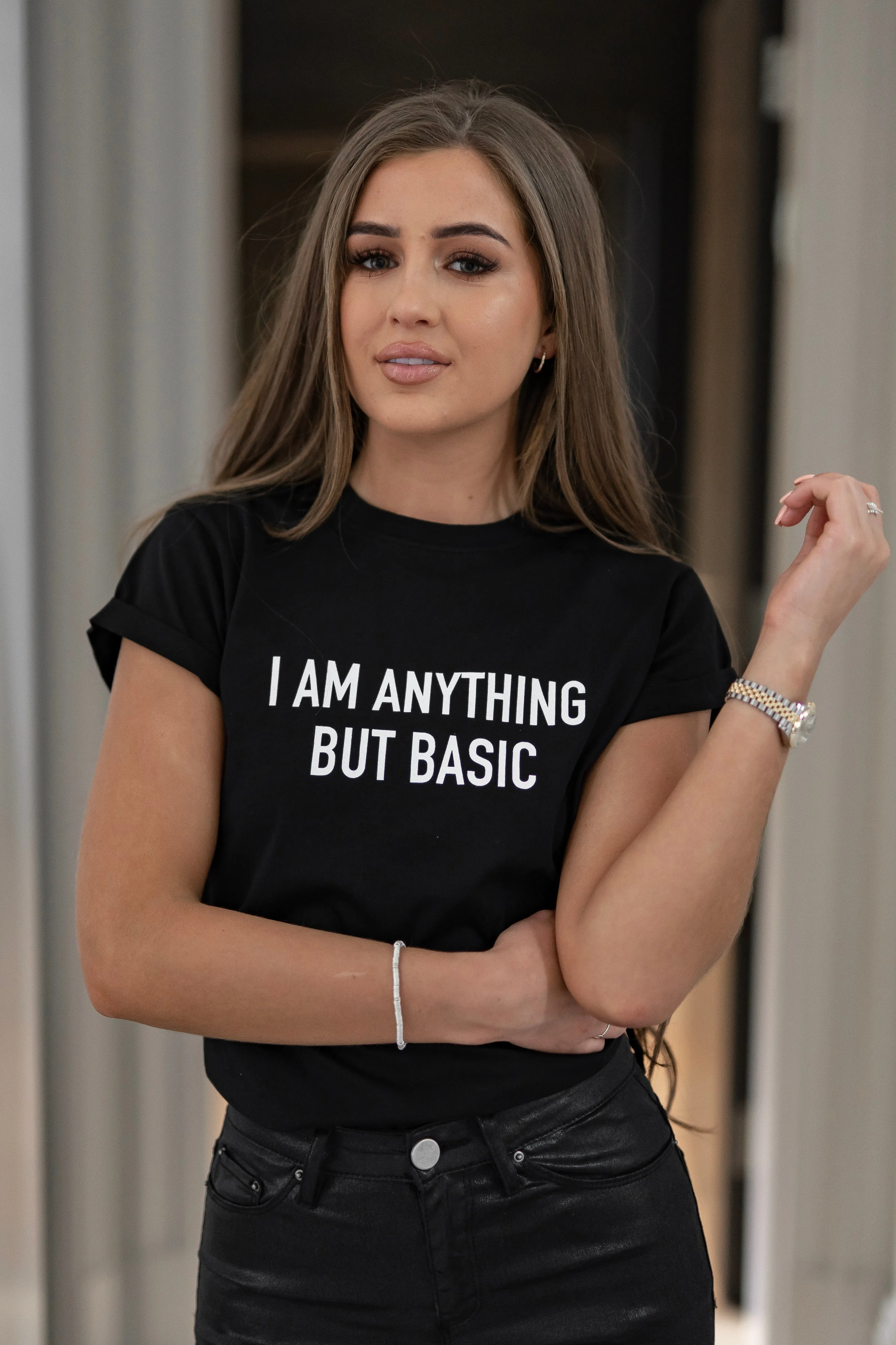 'I'M ANYTHING BUT BASIC' - CT099 BLACK SLOGAN T SHIRT