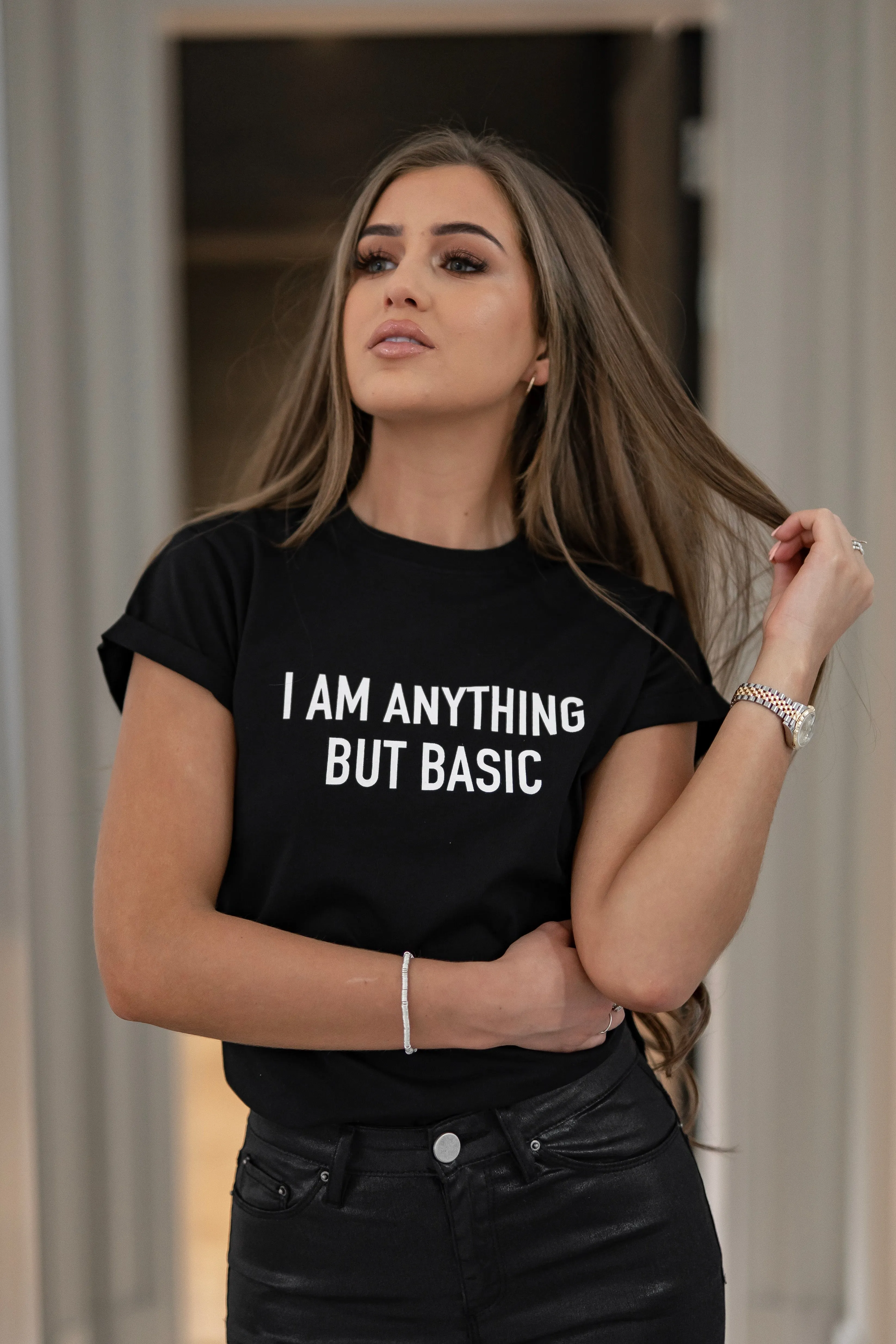 'I'M ANYTHING BUT BASIC' - CT099 BLACK SLOGAN T SHIRT