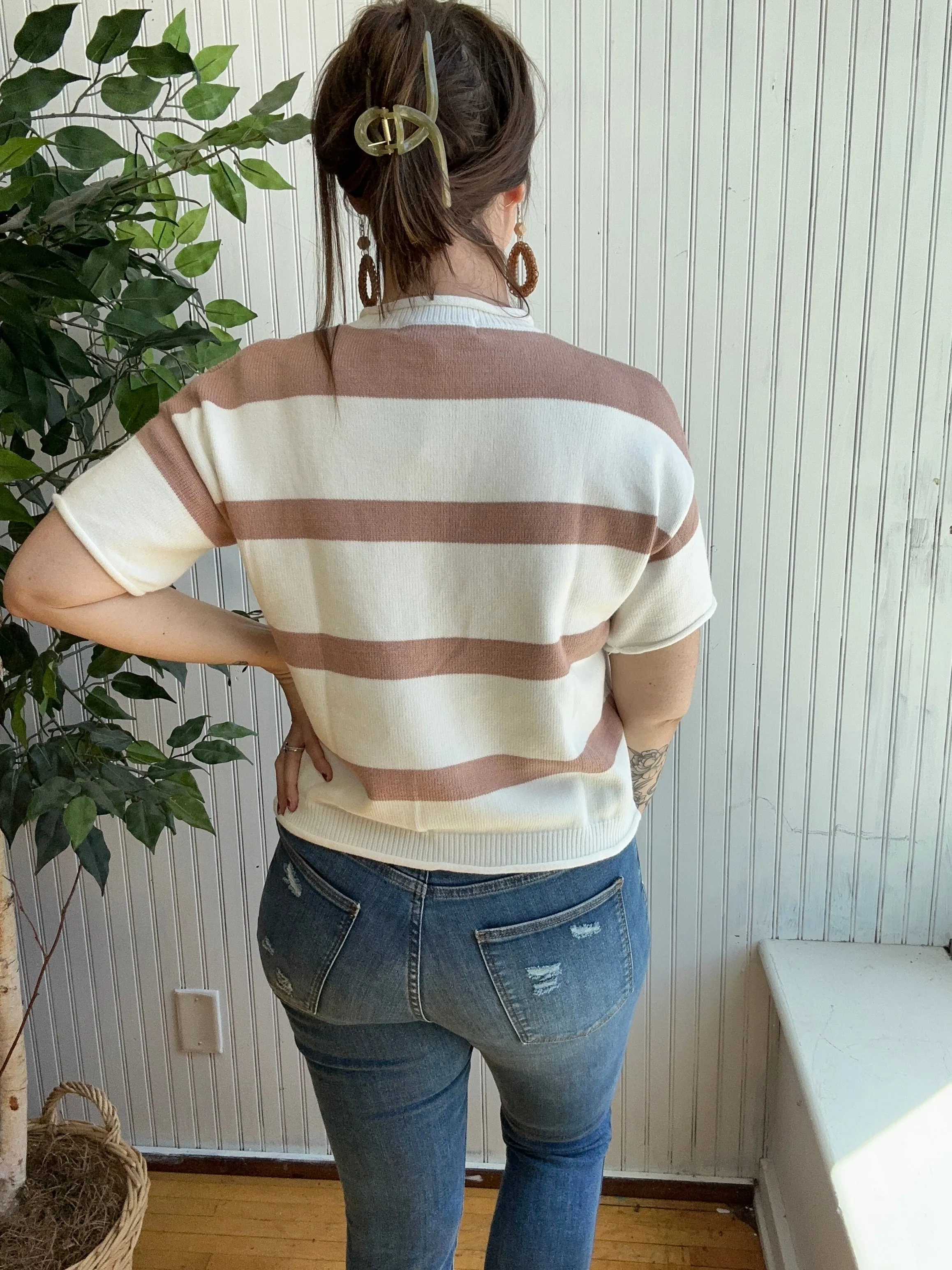 Khaki Striped Short Sleeve Sweater