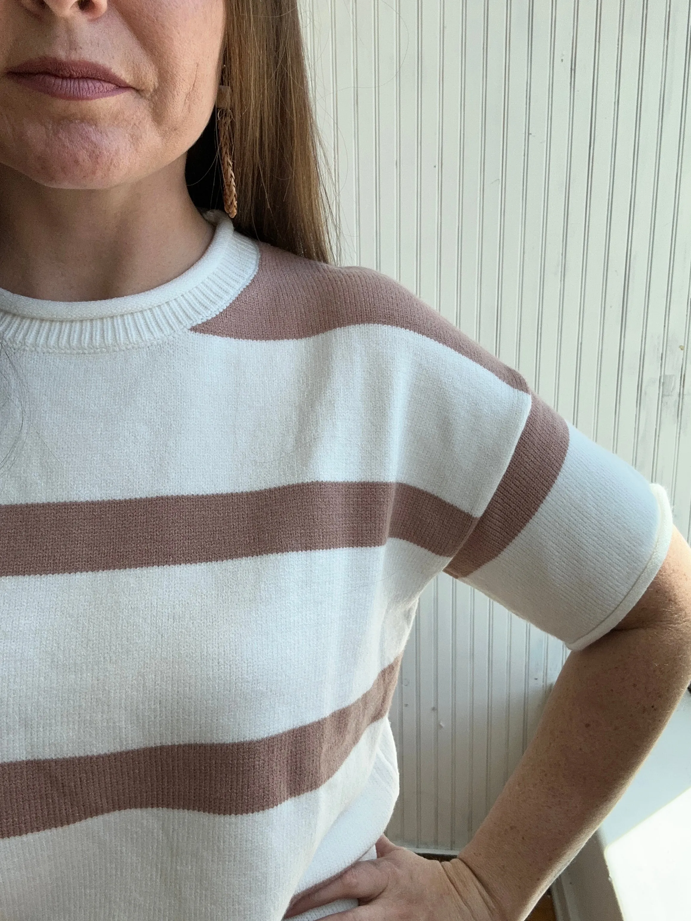 Khaki Striped Short Sleeve Sweater