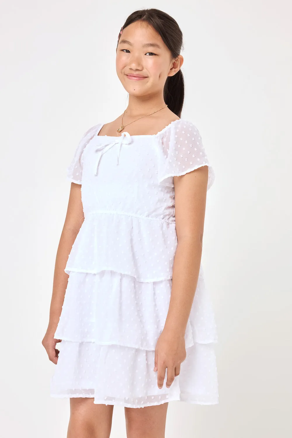 Kids White Short Sleeve Clip Dot Dress