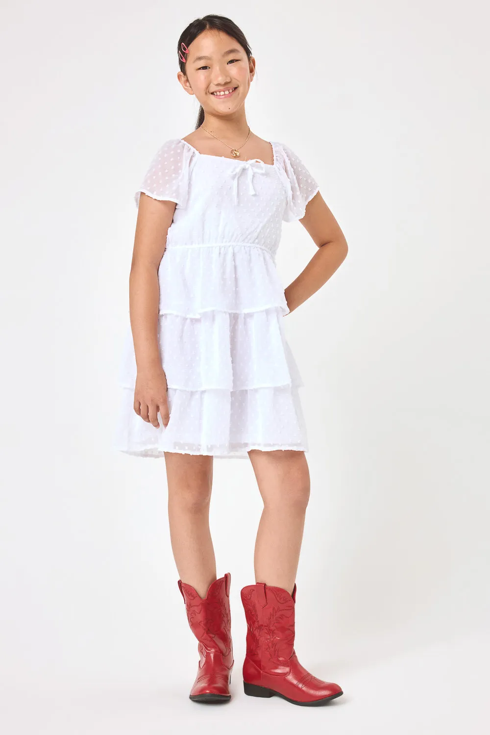 Kids White Short Sleeve Clip Dot Dress