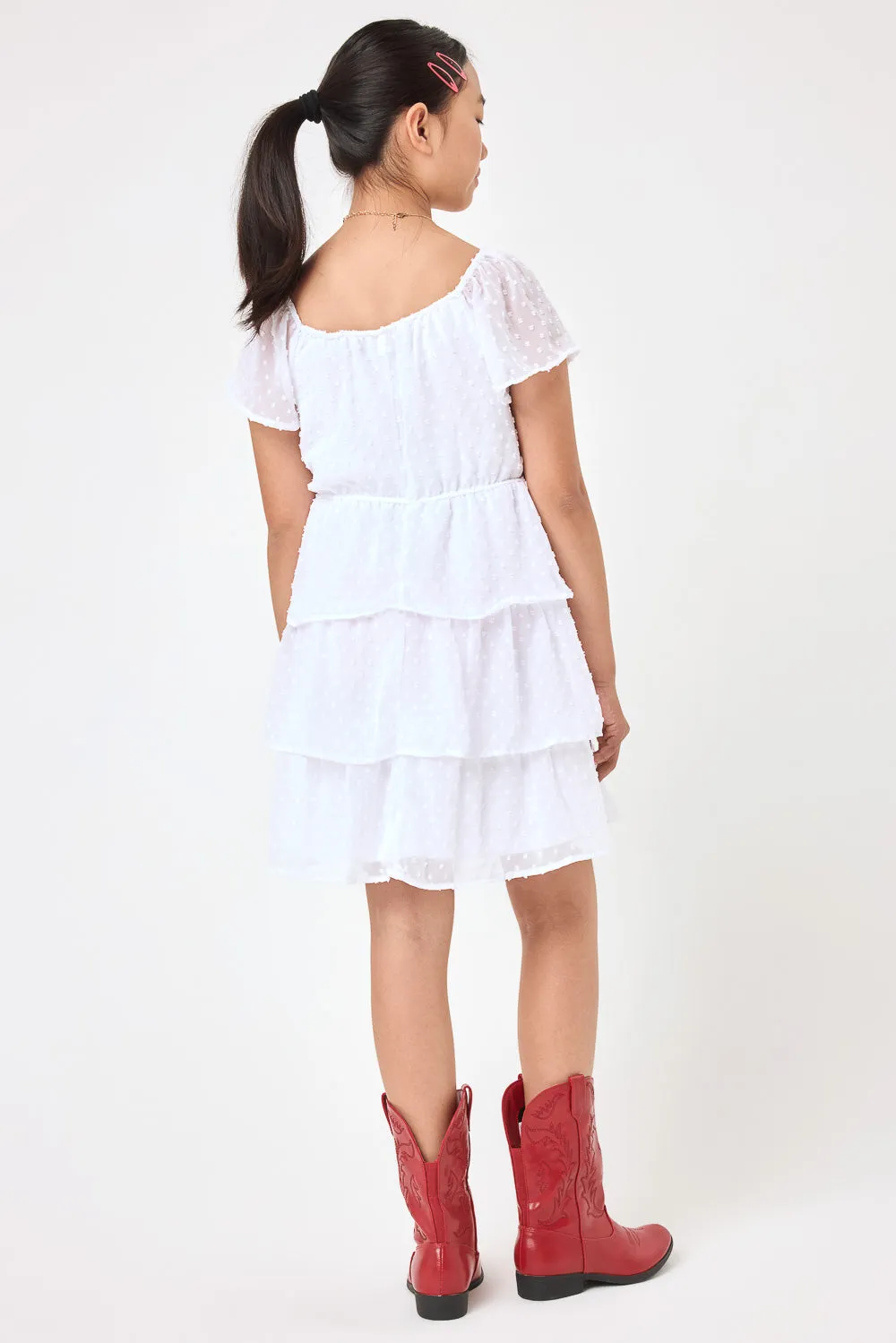 Kids White Short Sleeve Clip Dot Dress