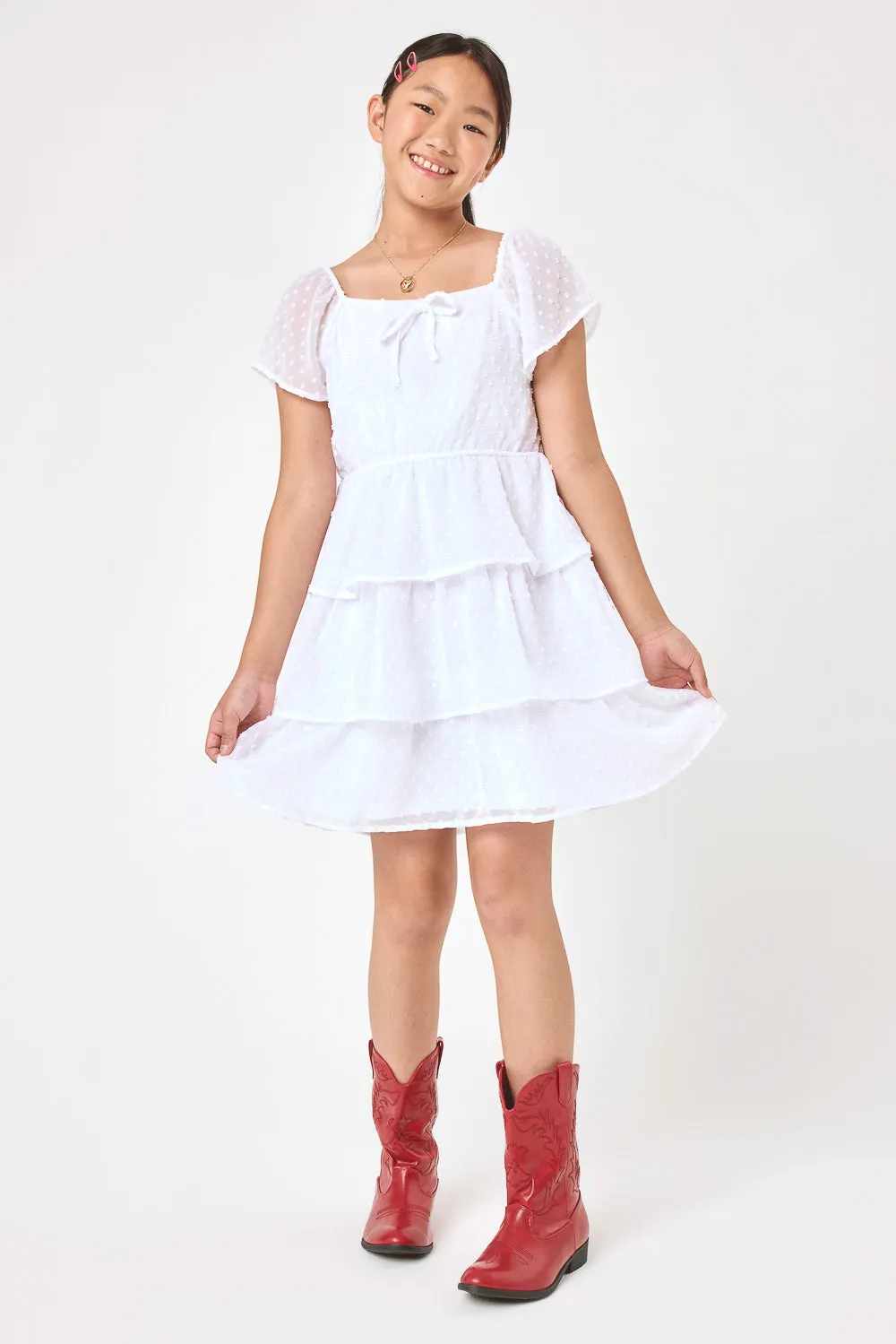 Kids White Short Sleeve Clip Dot Dress