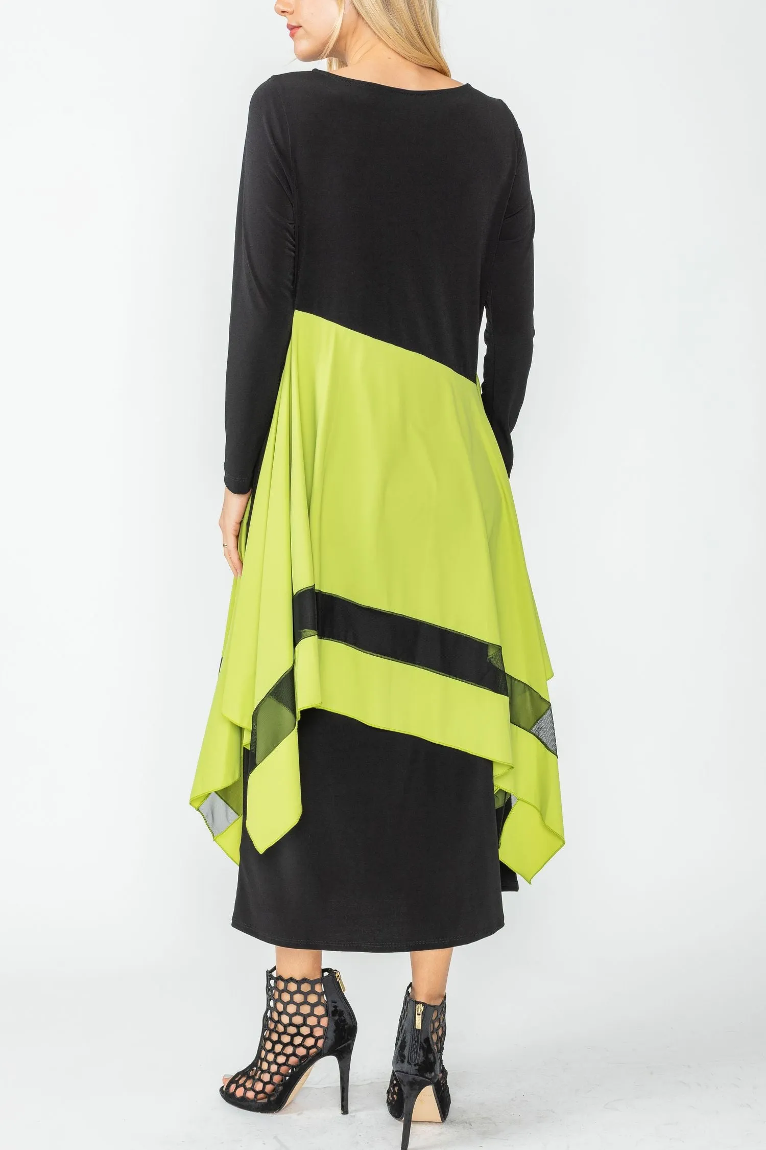 Lime Boat Neck Asymmetrical Layer Mix Dress