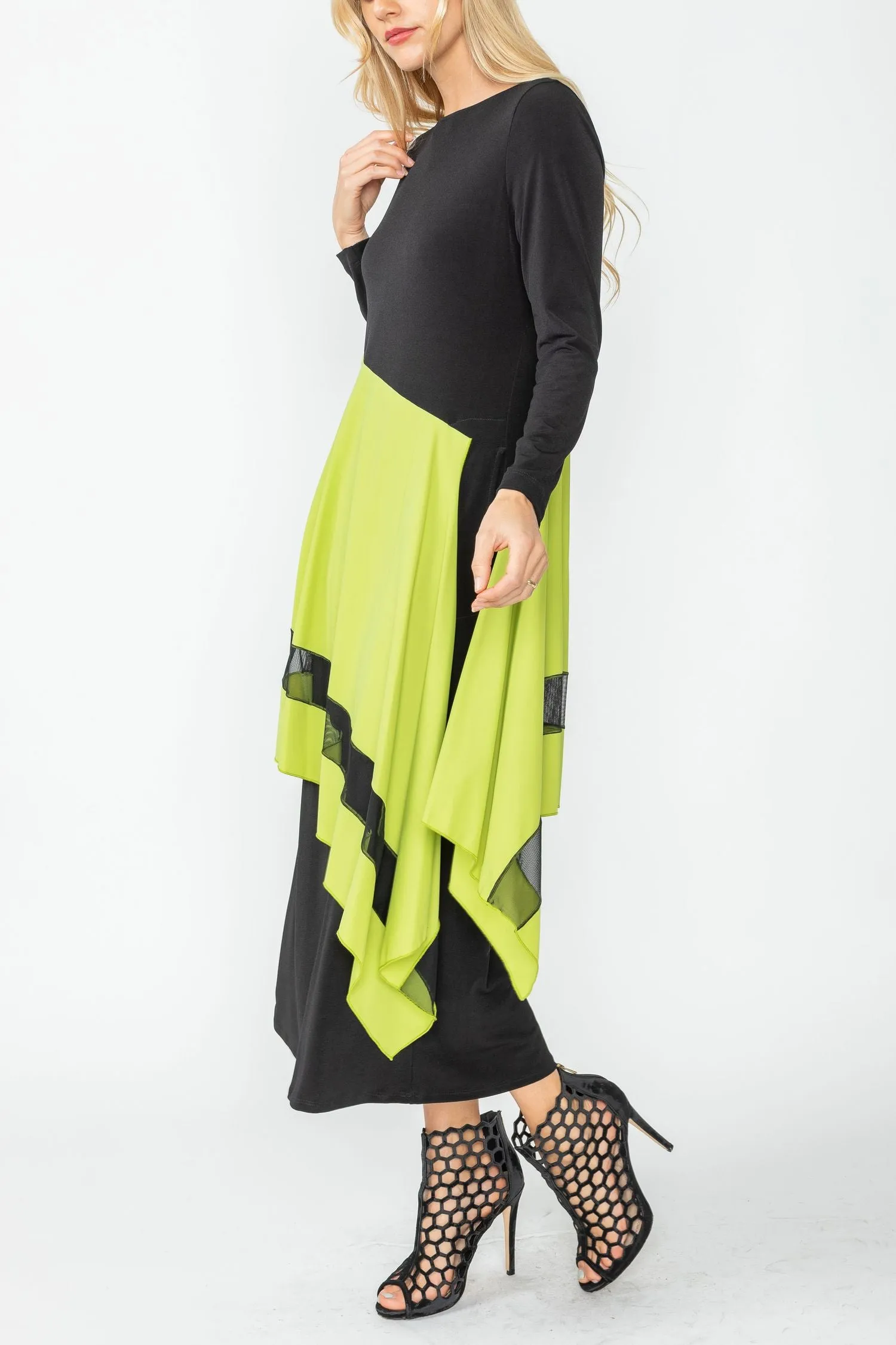 Lime Boat Neck Asymmetrical Layer Mix Dress