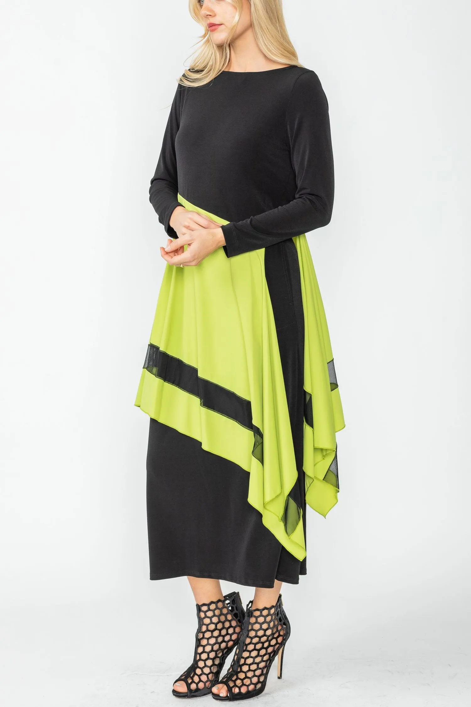 Lime Boat Neck Asymmetrical Layer Mix Dress