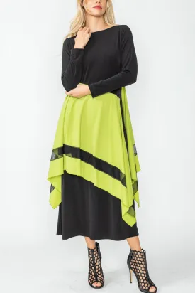 Lime Boat Neck Asymmetrical Layer Mix Dress