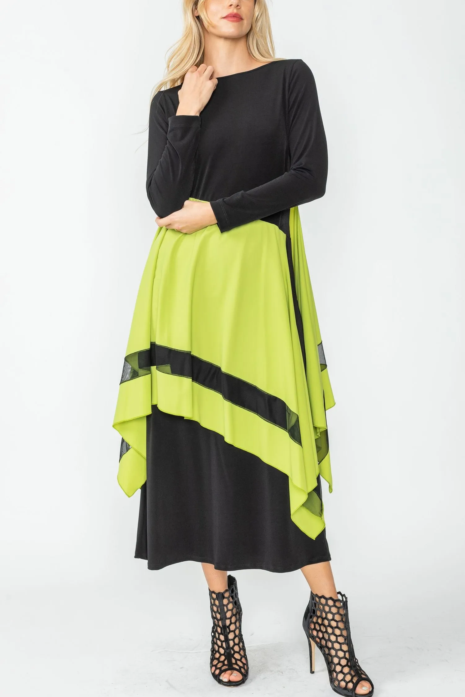 Lime Boat Neck Asymmetrical Layer Mix Dress