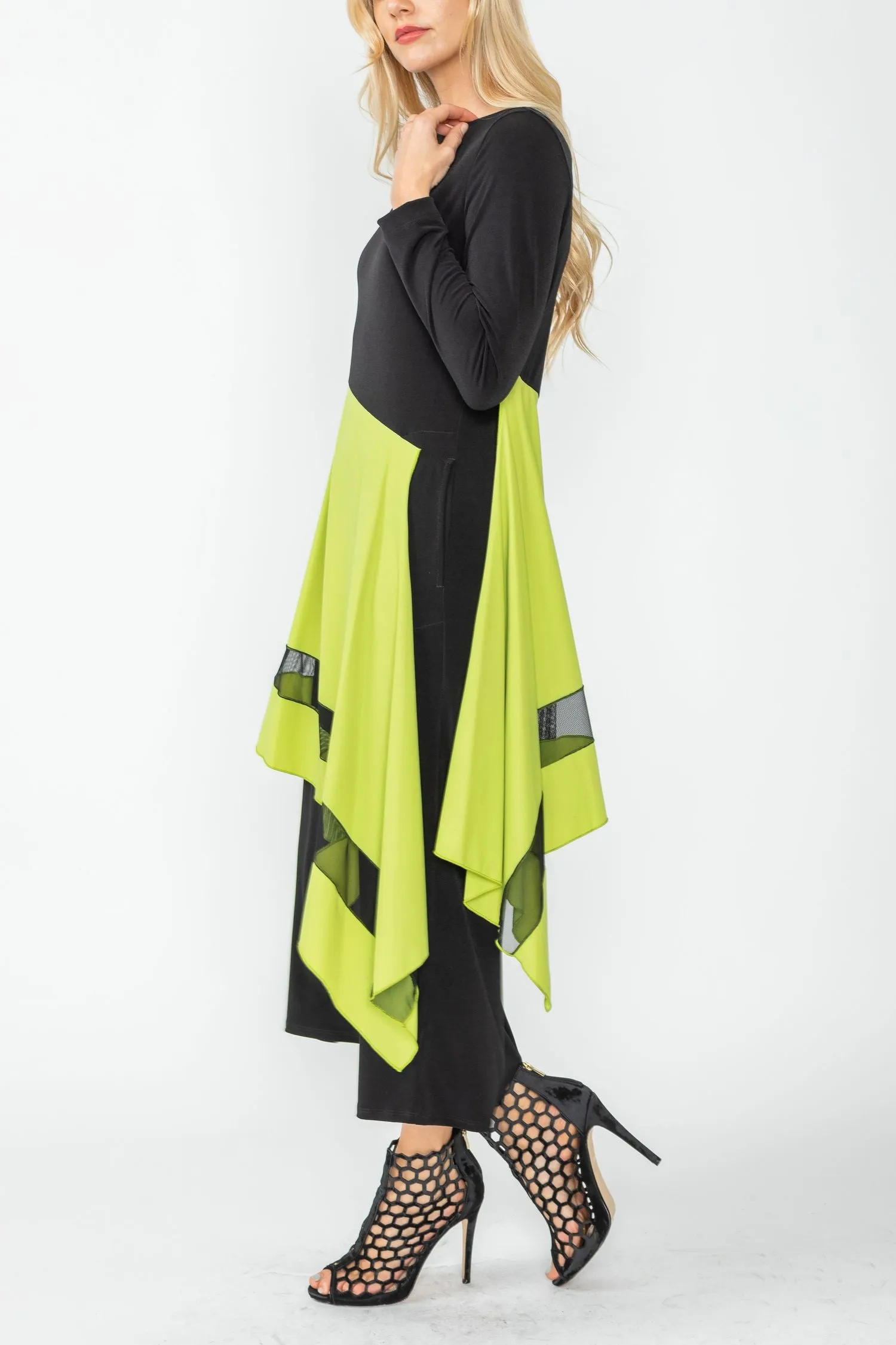 Lime Boat Neck Asymmetrical Layer Mix Dress