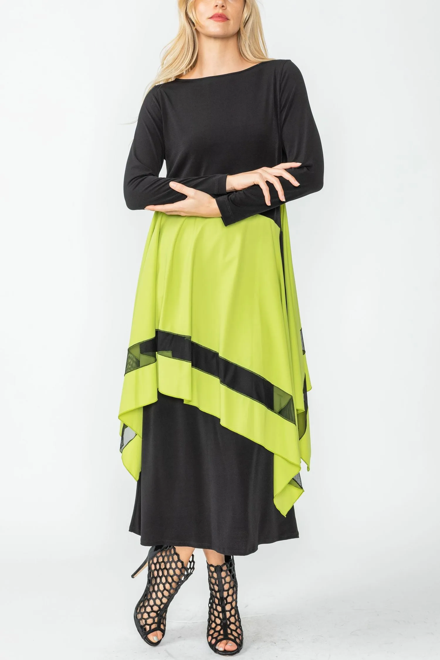 Lime Boat Neck Asymmetrical Layer Mix Dress