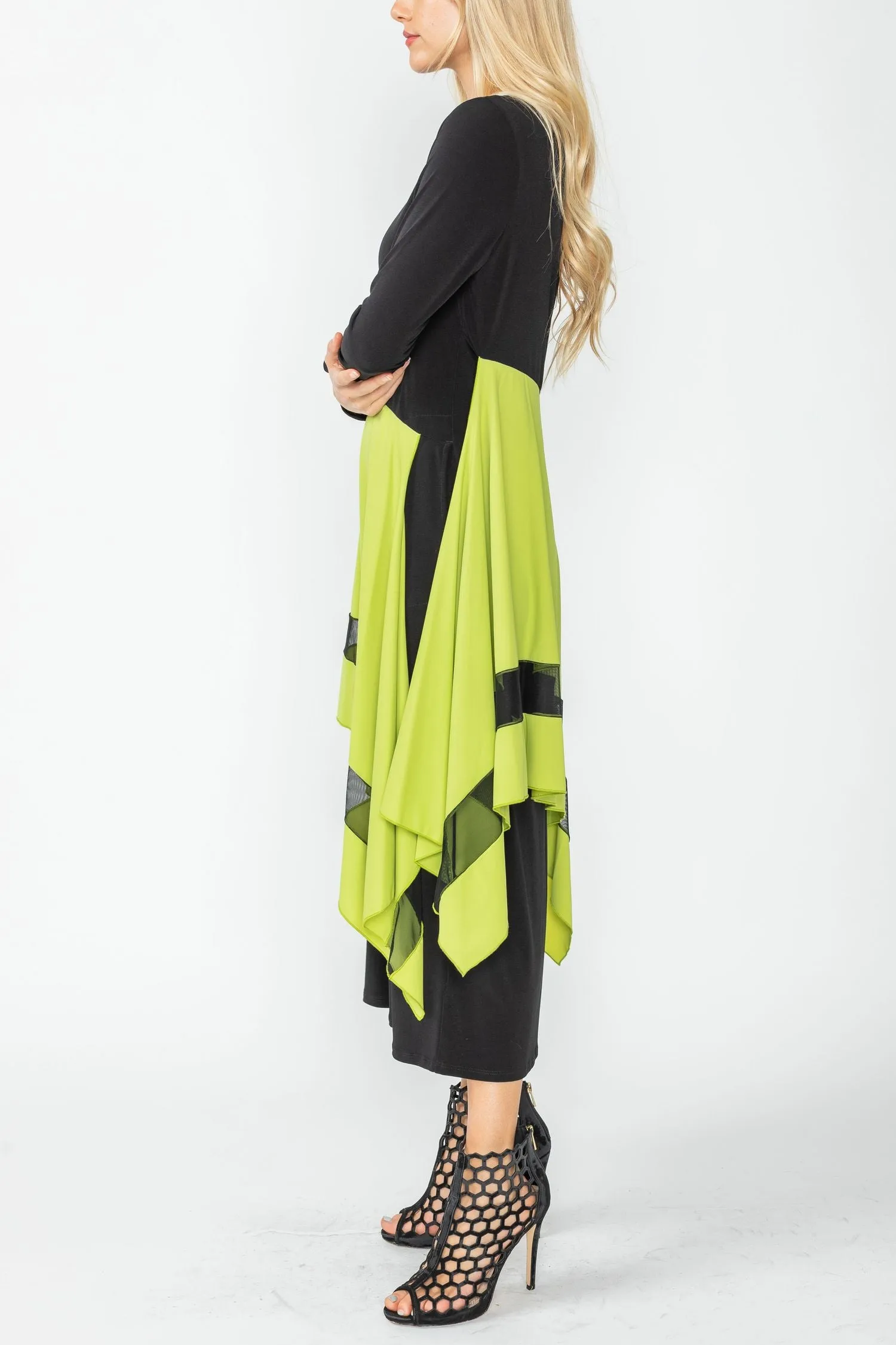 Lime Boat Neck Asymmetrical Layer Mix Dress