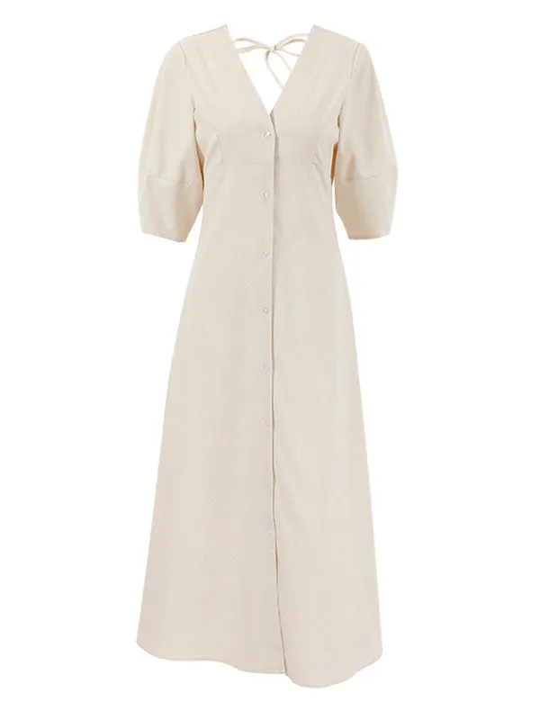 Linen Puff Sleeve V-Neck A-Line Maxi Dress