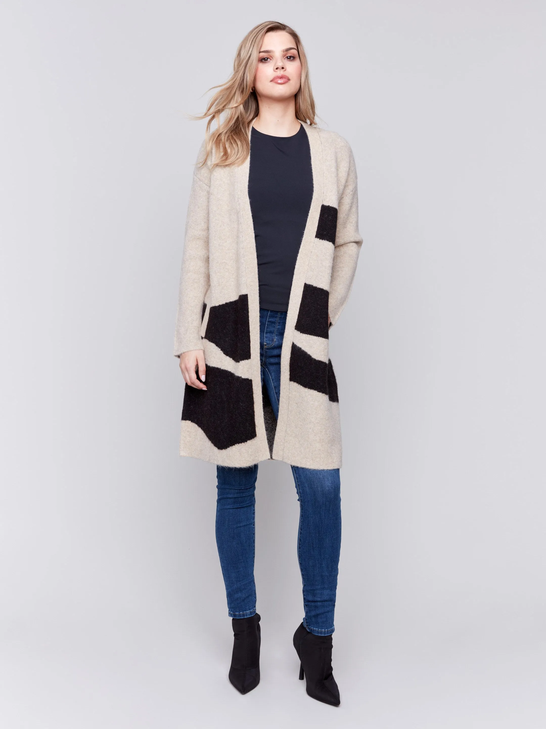 Long Jacquard Knit Cardigan - Oatmeal