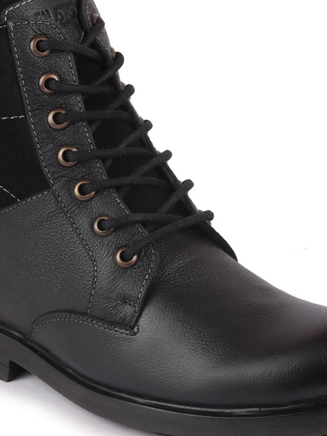 Men Black Leather Lace Up High Top Boots