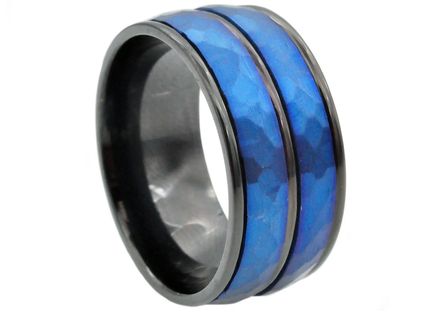 Mens 10mm Black And Blue Stainless Steel Hammered Ring