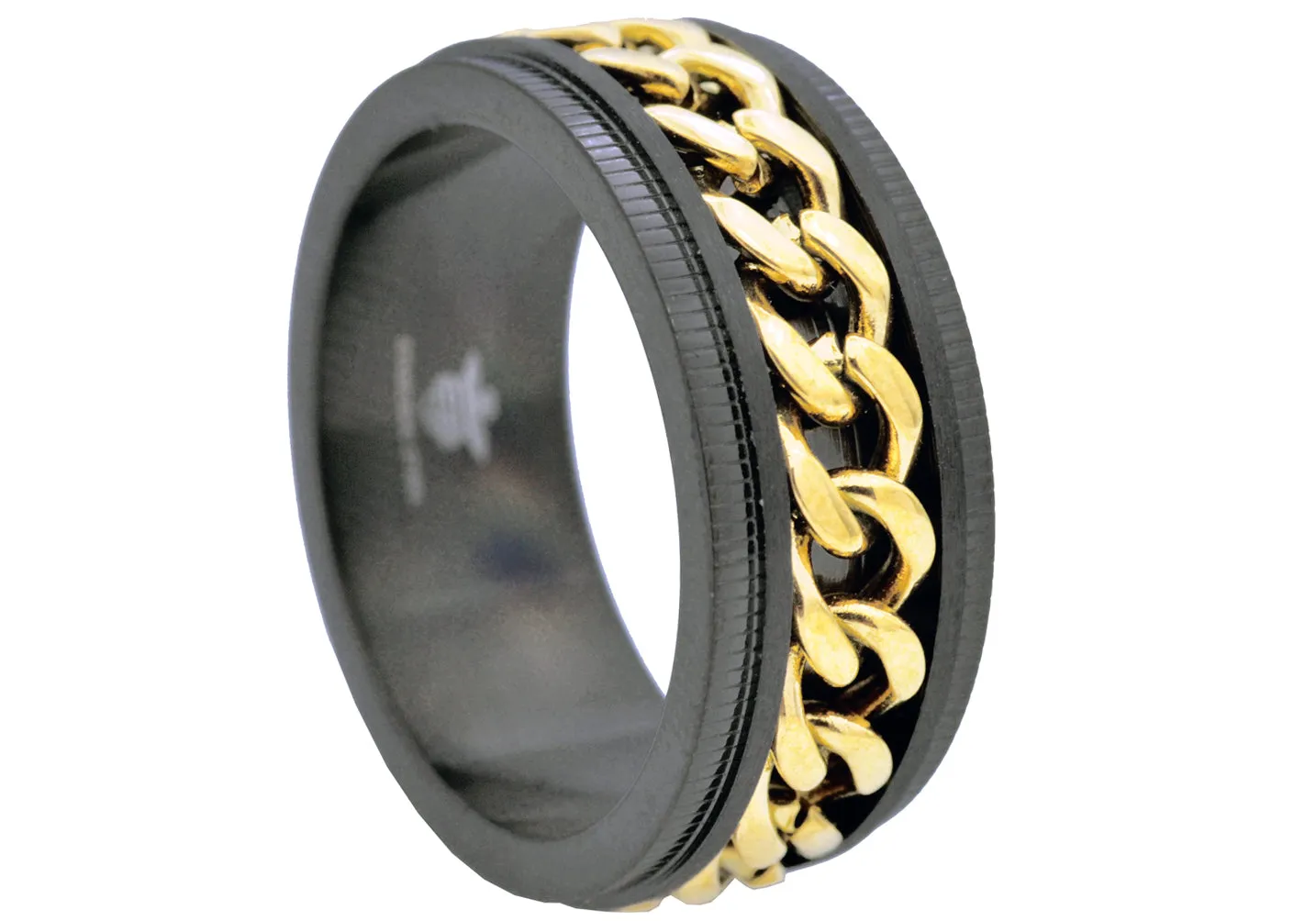 Mens 10mm Black And Gold Stainless Steel Chain Ring