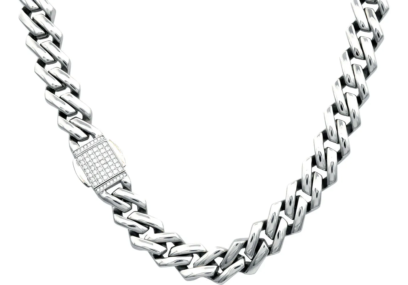 Mens 14mm Stainless Steel Closed Link Curb Chain Necklace With Cubic Zirconia Embedded Box Clasp