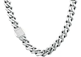 Mens 14mm Stainless Steel Closed Link Curb Chain Necklace With Cubic Zirconia Embedded Box Clasp