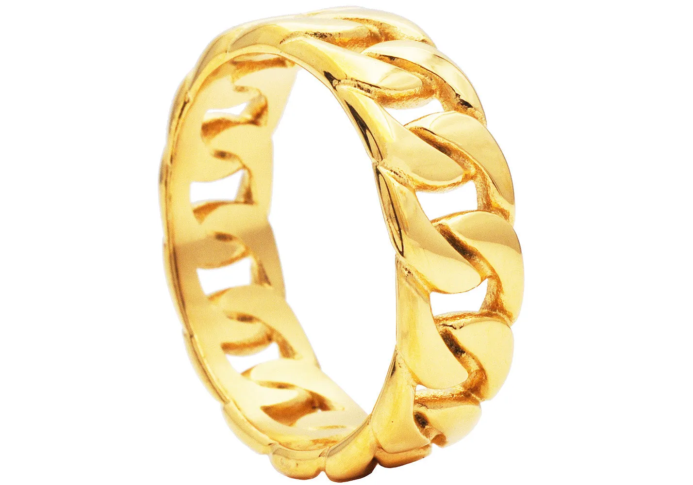 Mens 7mm Gold Plated Stainless Steel Cuban Link Band Ring