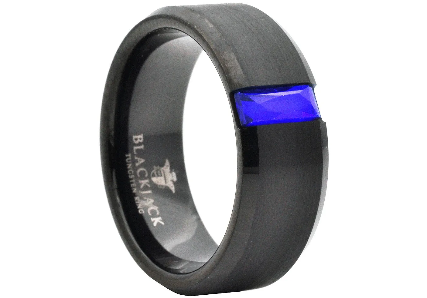 Mens 8mm Black Brushed And Polished Tungsten Band Ring With Blue Cubic Zirconia