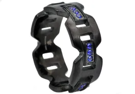 Mens 9mm Black Stainless Steel Blue Cubic Zirconia Anchor Link Ring