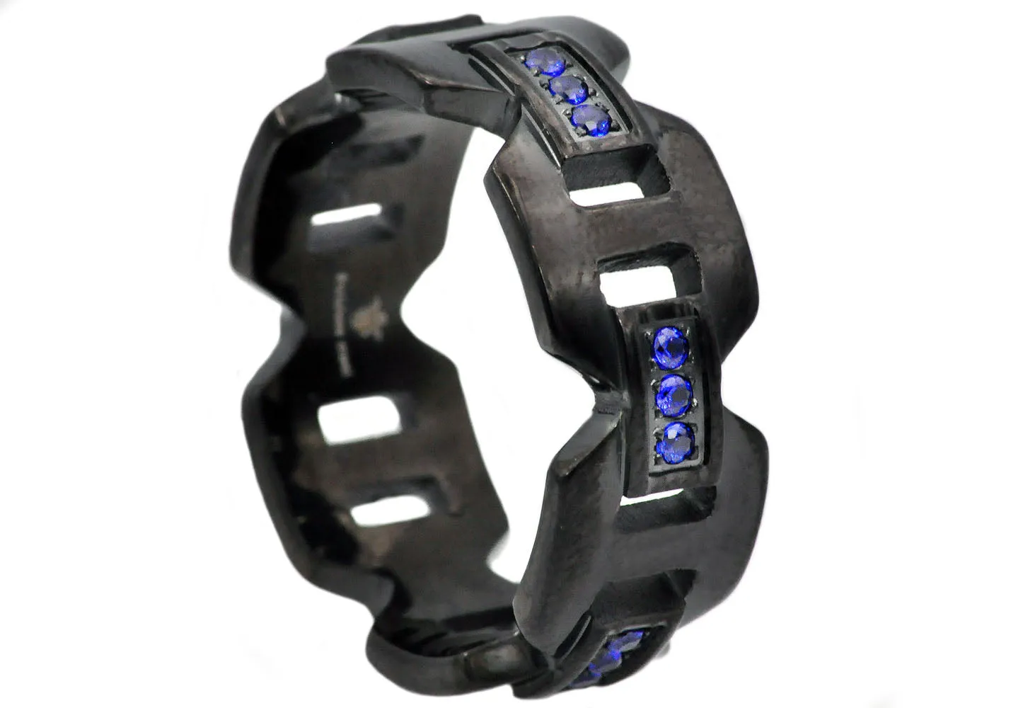 Mens 9mm Black Stainless Steel Blue Cubic Zirconia Anchor Link Ring