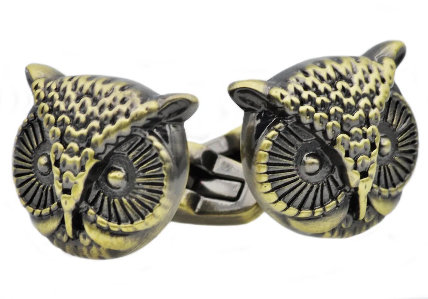 Mens Antique Gold Stainless Steel Owl Cuff Links