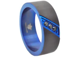 Mens Black And Blue Stainless Steel Band With Cubic Zirconia