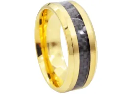 Mens Black Carbon Fiber And Gold Stainless Steel 8mm Band Ring