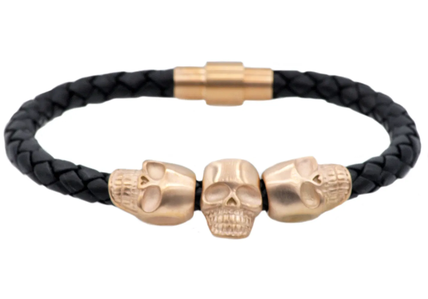 Mens Black Leather And Rose Stainless Steel Skull Bracelet