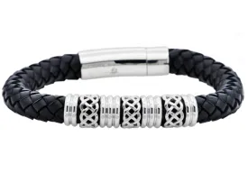 Mens Black Leather Stainless Steel Bracelet