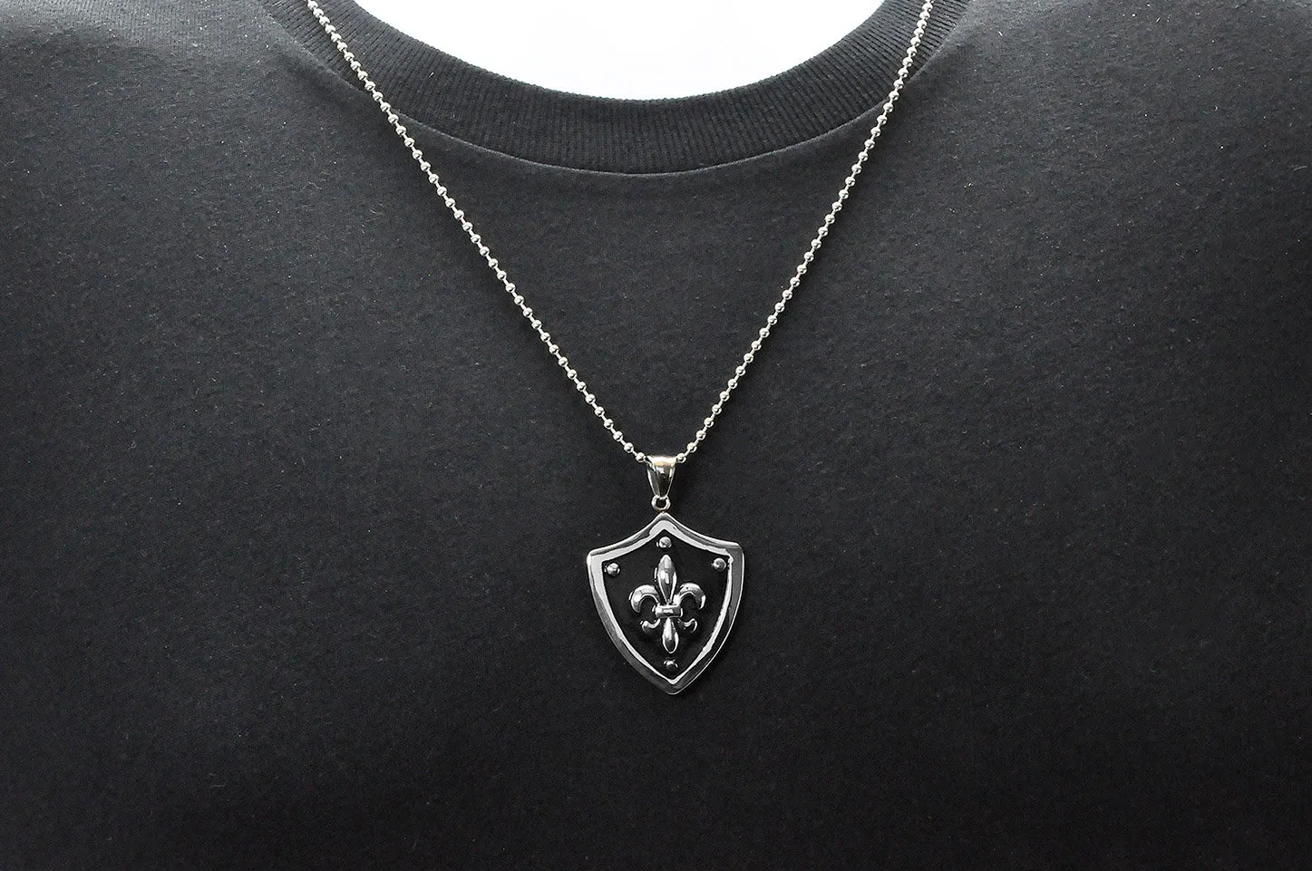 Mens Black Plated Stainless Steel Fleur De Lis Shield Pendant