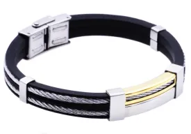 Mens Black Silicone Gold Stainless Steel Wire Bangle Bracelet