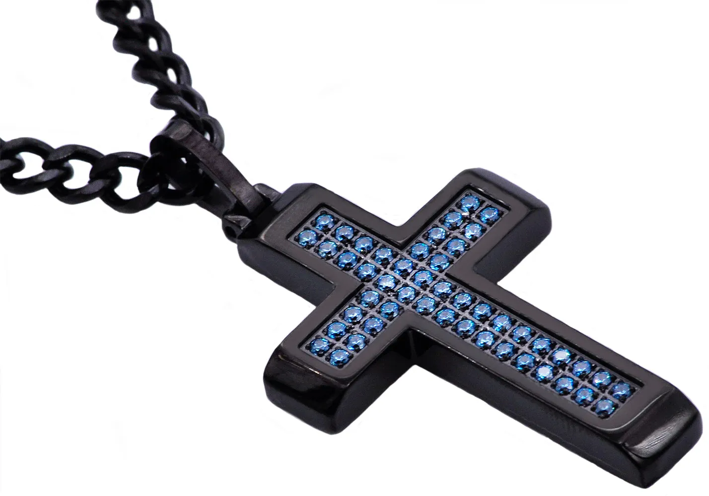 Mens Black Stainless Steel Cross Pendant With Blue Cubic Zirconia