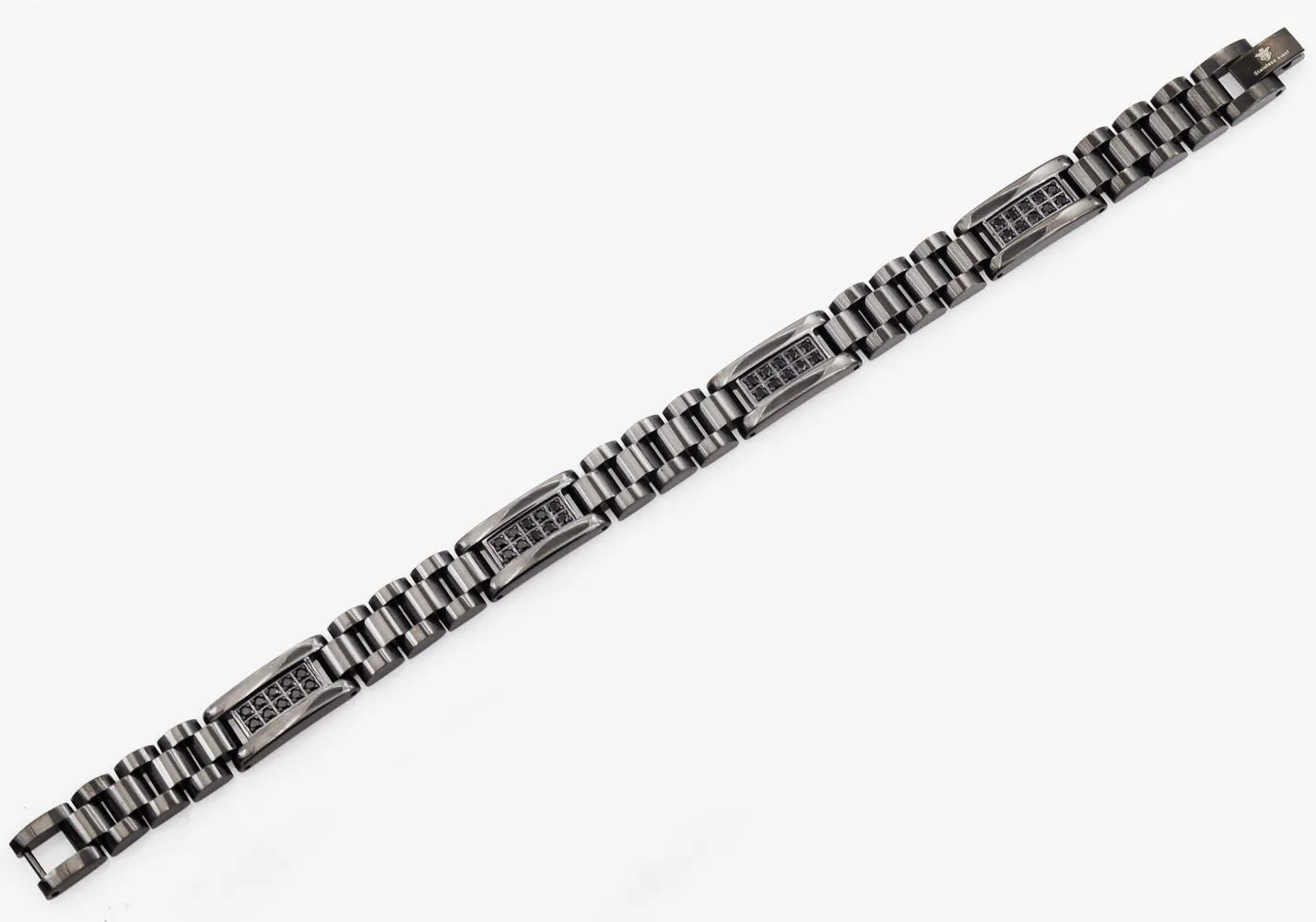 Mens Black Stainless Steel Link Bracelet With Black Cubic Zirconia