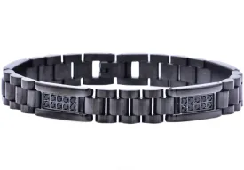 Mens Black Stainless Steel Link Bracelet With Black Cubic Zirconia