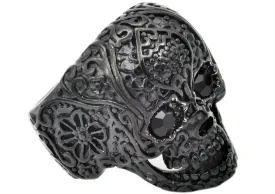 Mens Black Stainless Steel Skull Ring With Black Cubic Zirconia