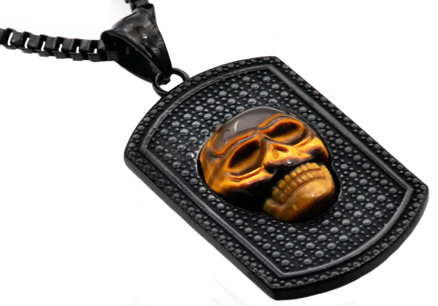 Mens Black Stainless Steel Tiger Eye Skull Dog Tag Pendant