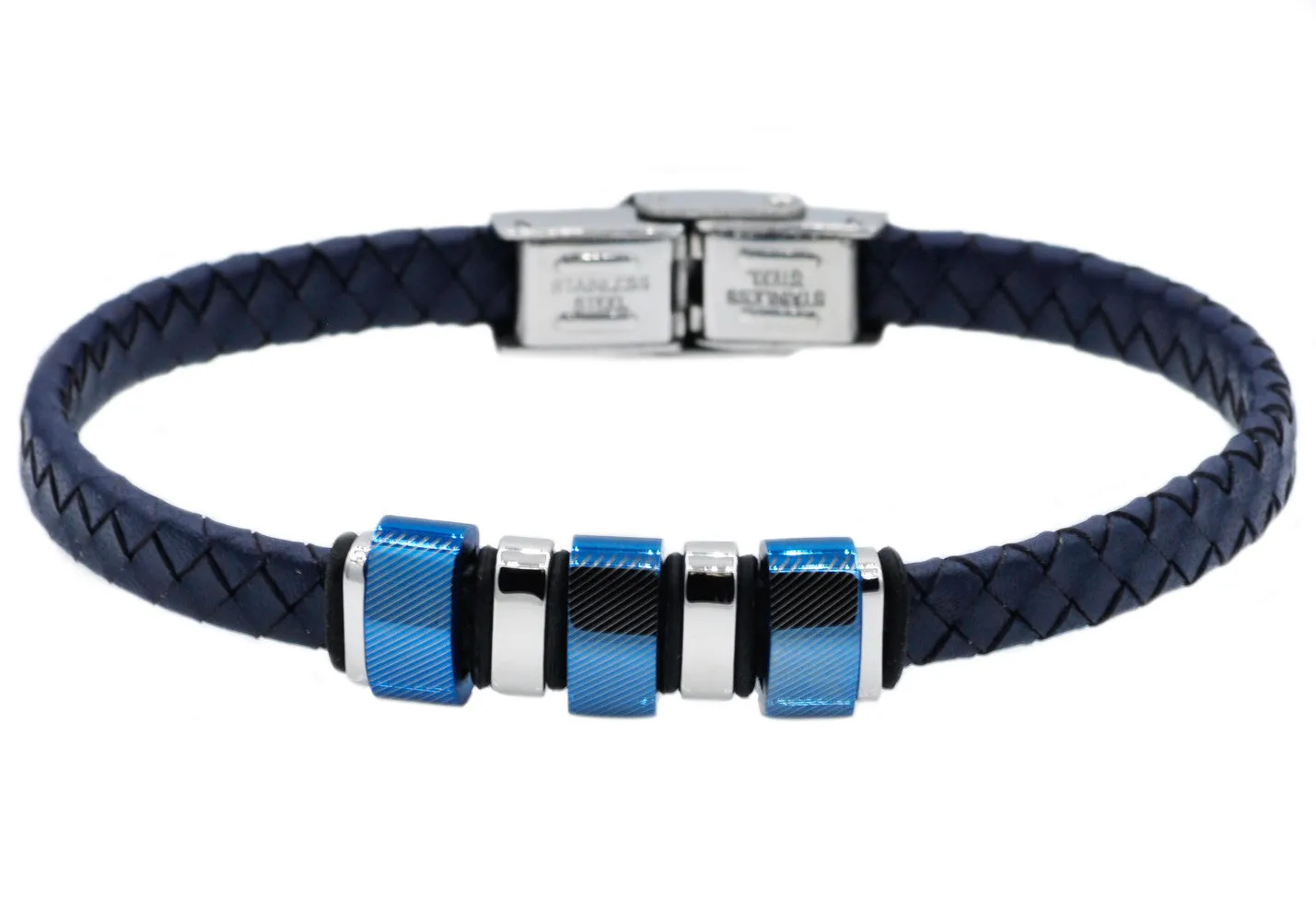 Mens Blue Leather And Stainless Steel Bracelet