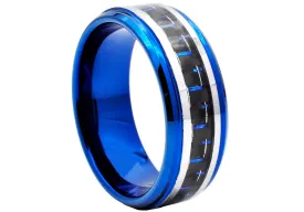 Mens Blue Tungsten Band Ring With Black and Blue Carbon Fiber