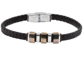 Mens Brown Leather And Stainless Steel Bracelet