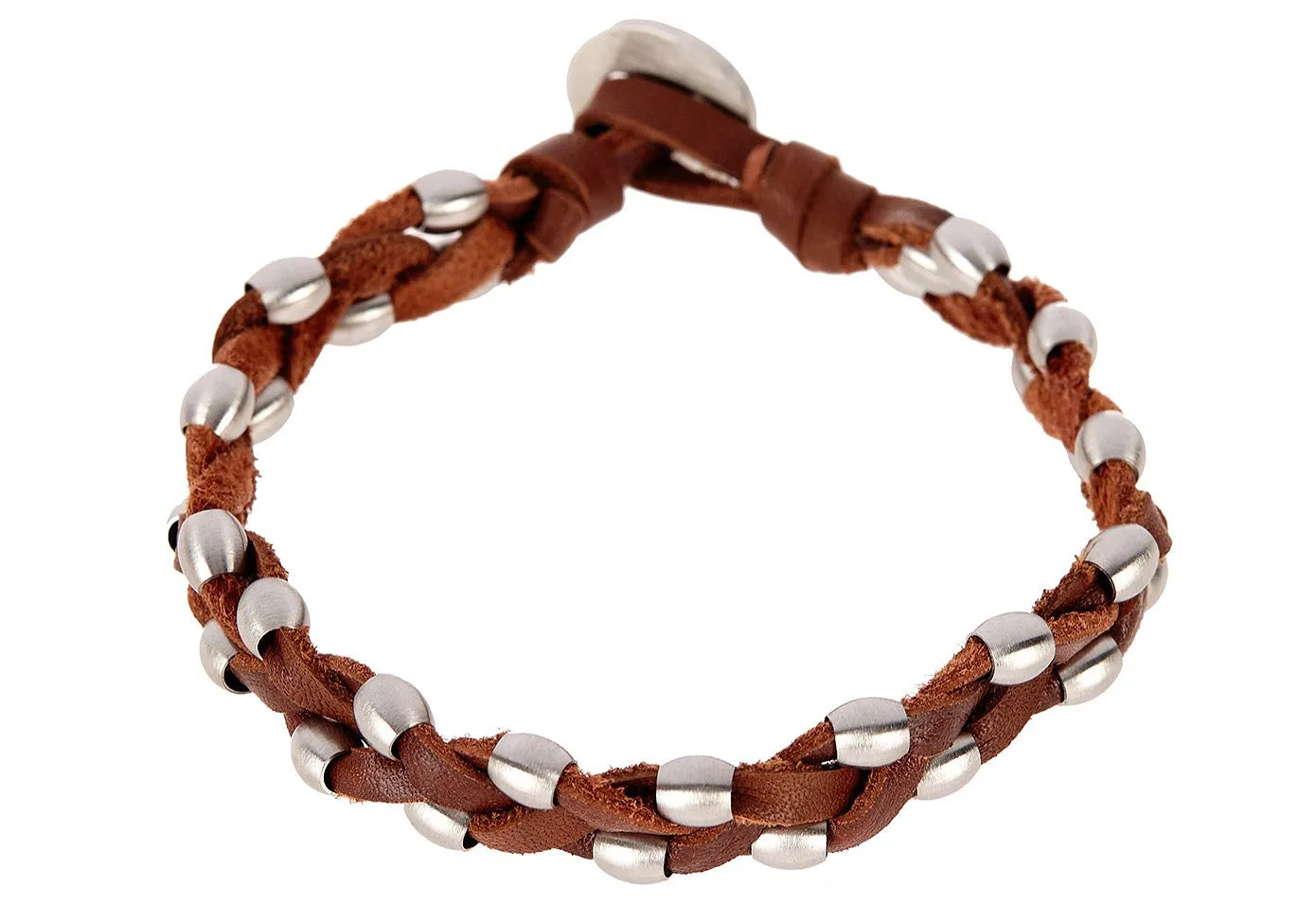 Mens Brown Leather And Stainless Steel Bracelet