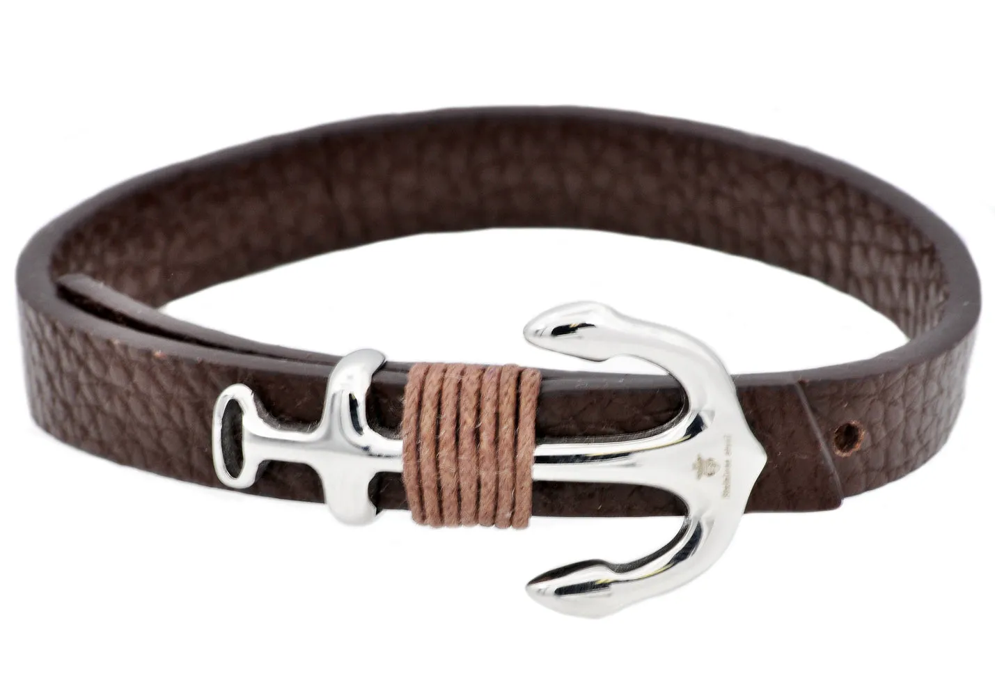 Mens Brown Leather Stainless Steel Anchor Bracelet With Adjustable Strap