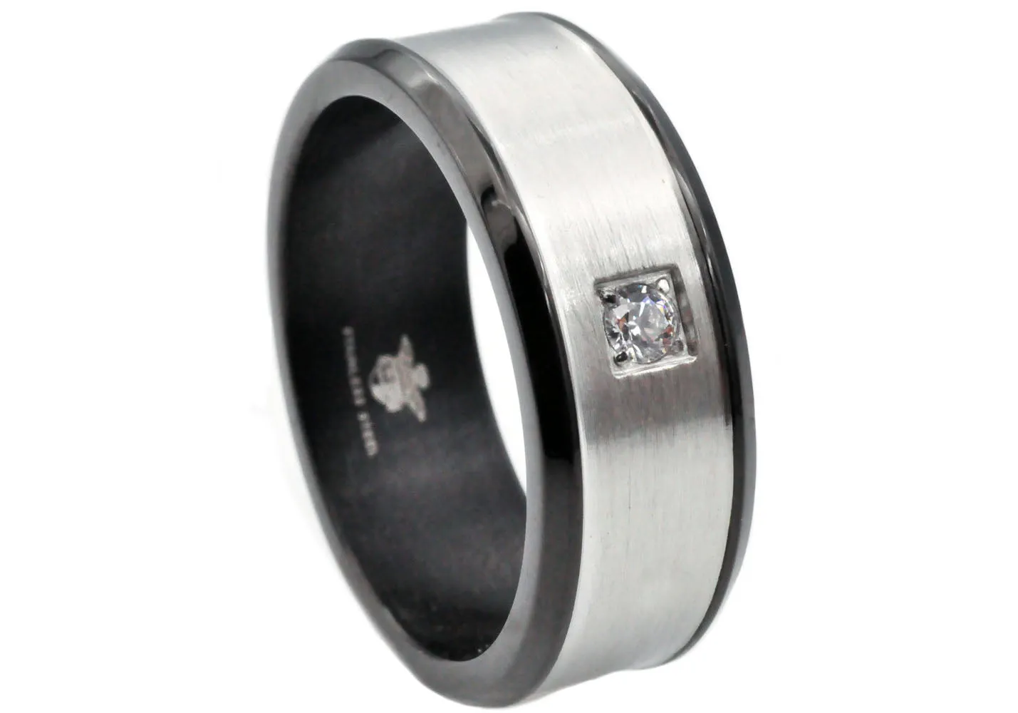 Mens Brushed Stainless Steel Band Ring With Cubic Zirconia And Black Plated Edge