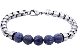 Mens Genuine Blue Coral Stainless Steel Beaded And Rolo Link Chain Bracelet