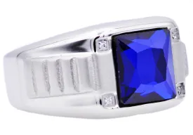 Mens Genuine Blue Spinel And Stainless Steel Ring With Cubic Zirconia