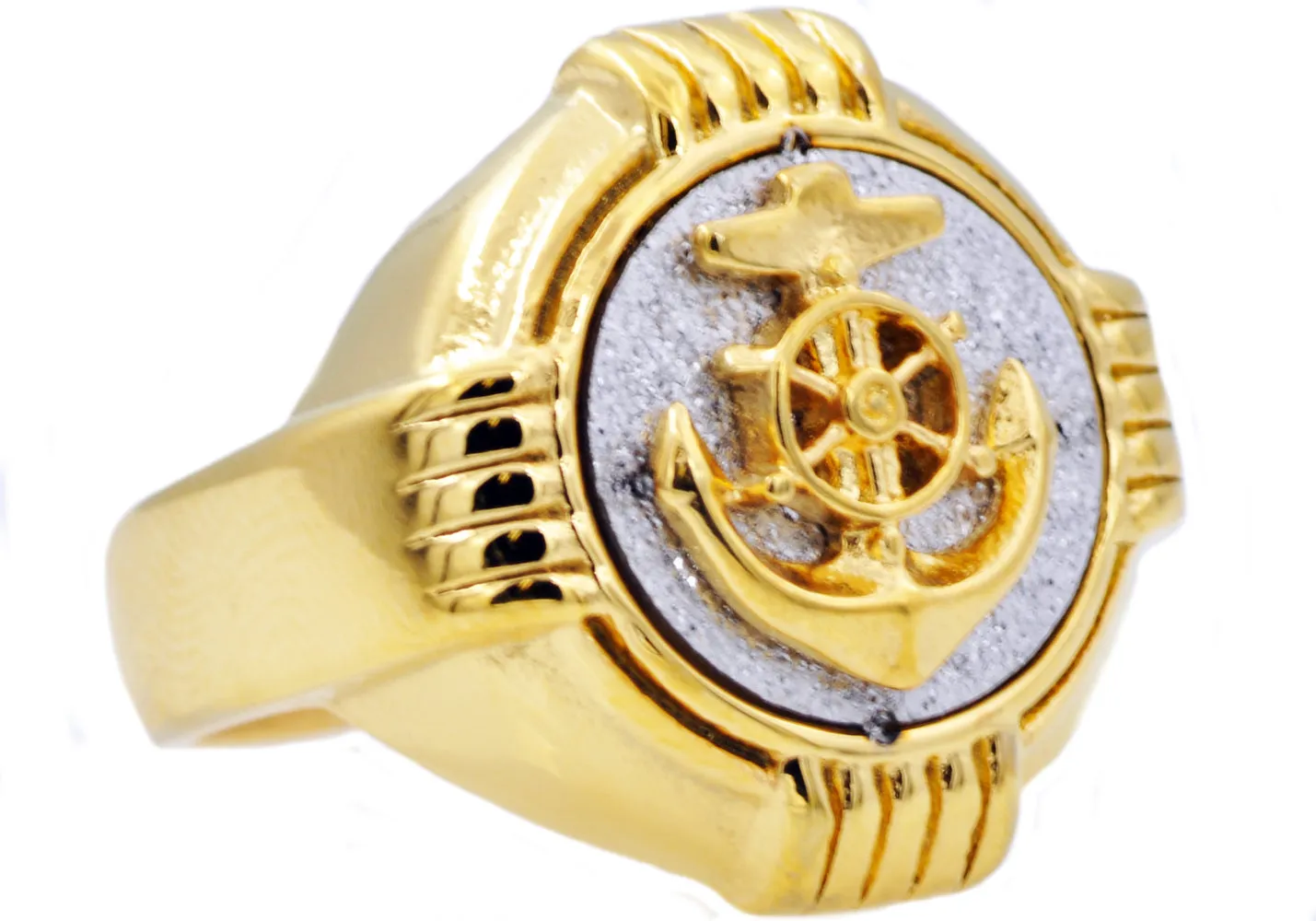 Mens Genuine Gold Stainless Steel Sandblasted Anchor Ring