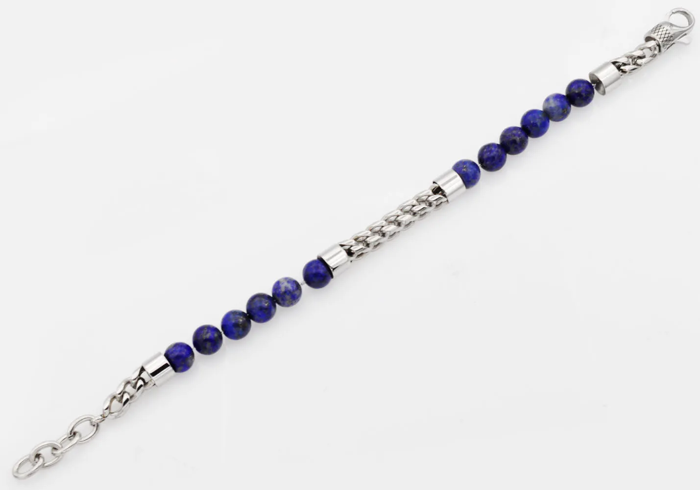 Mens Genuine Lapis Lazuli Stainless Steel Beaded And Franco Link Chain Bracelet With Adjustable Clasp