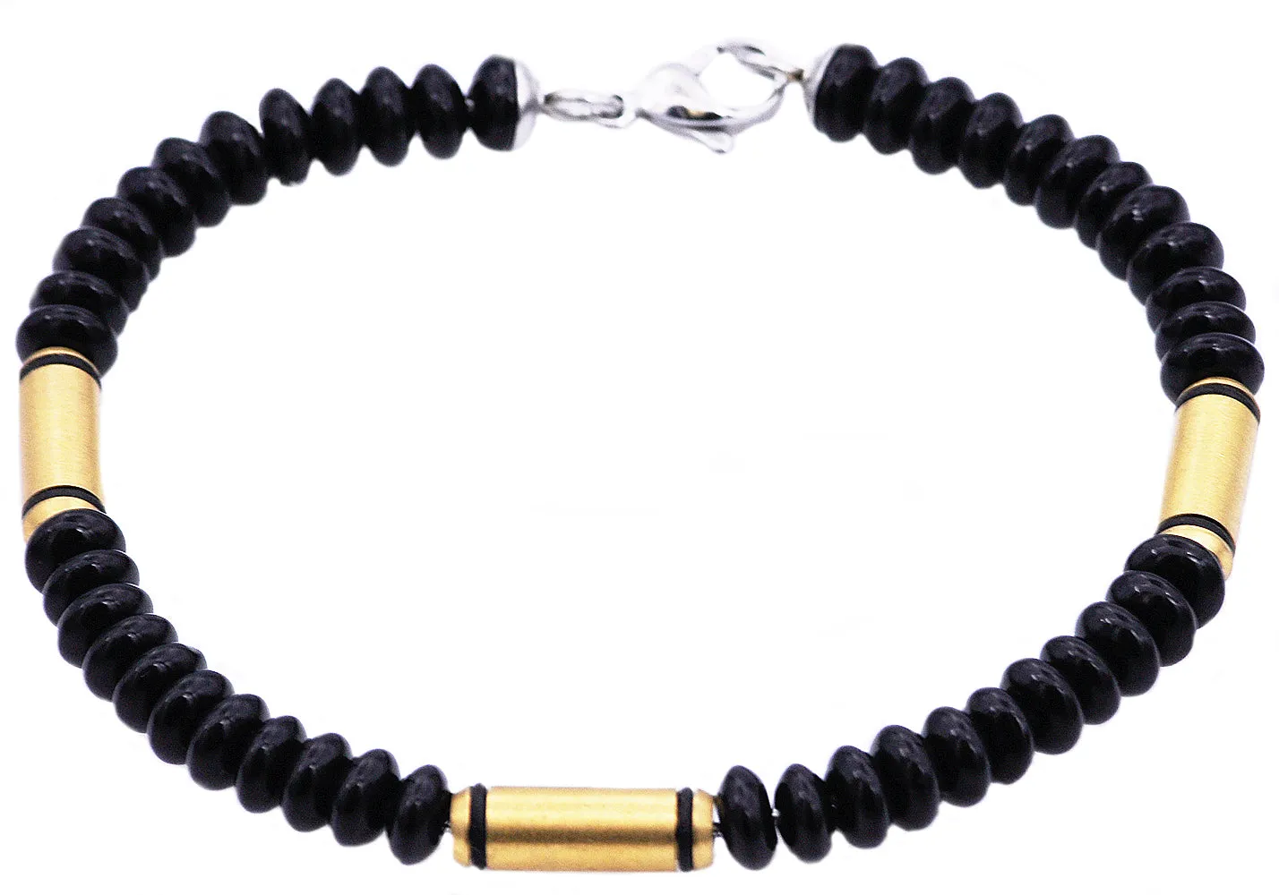 Mens Genuine Onyx Gold Stainless Steel Disk Link Chain Bracelet